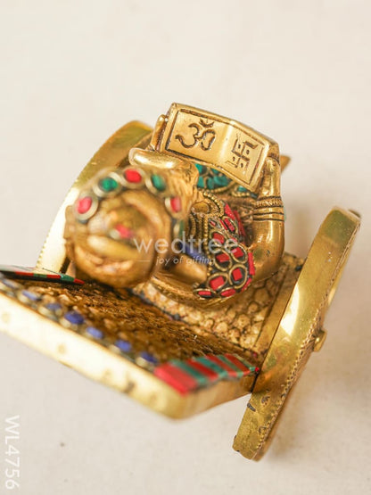 Brass Ganesha Relaxing on Chair - Stonework - 6 inch - WL4756