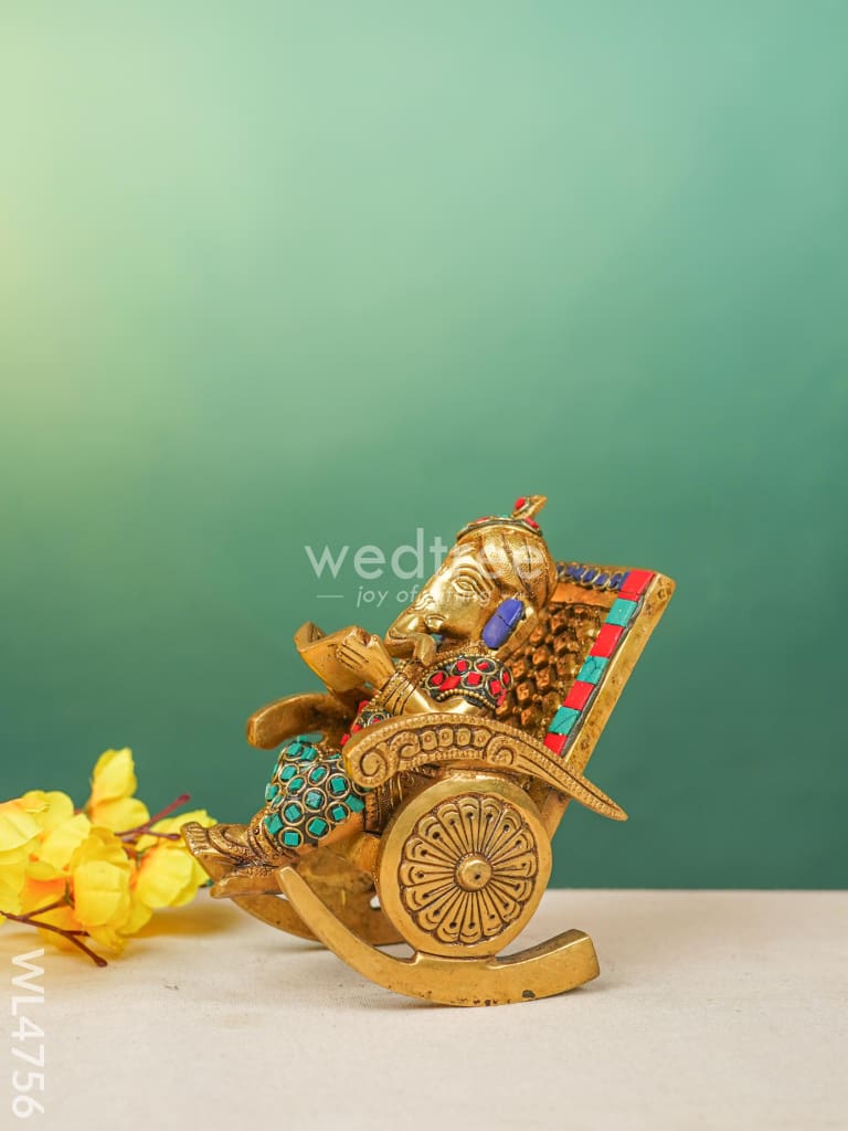 Brass Ganesha Relaxing on Chair - Stonework - 6 inch - WL4756