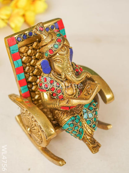 Brass Ganesha Relaxing on Chair - Stonework - 6 inch - WL4756