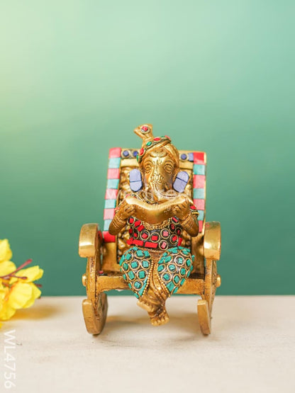Brass Ganesha Relaxing on Chair - Stonework - 6 inch - WL4756