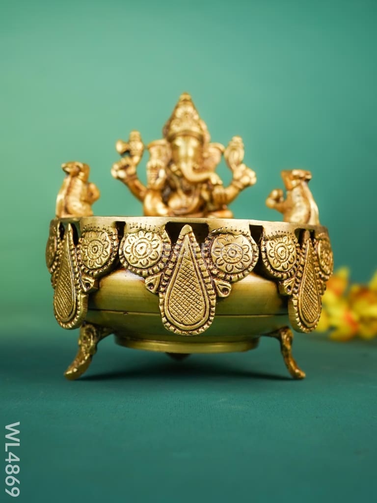 Brass Ganesha Urli - 7 inch - WL4869