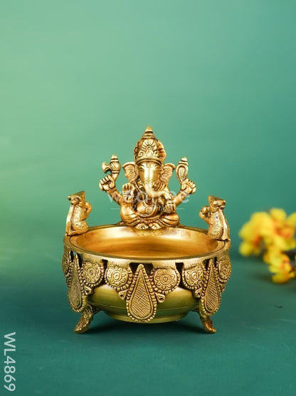 Brass Ganesha Urli - 7 inch - WL4869