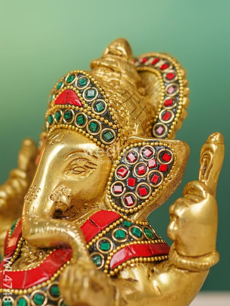 Brass Ganesha with Stonework - 5 inch - WL4748