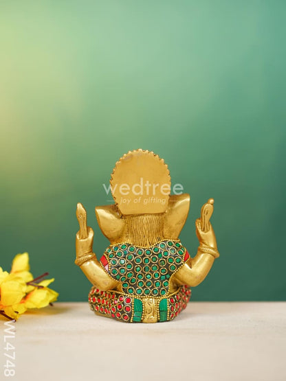 Brass Ganesha with Stonework - 5 inch - WL4748