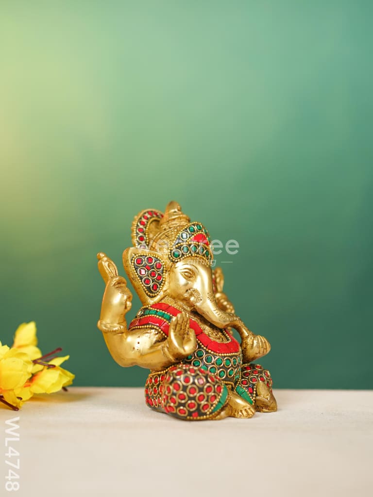 Brass Ganesha with Stonework - 5 inch - WL4748