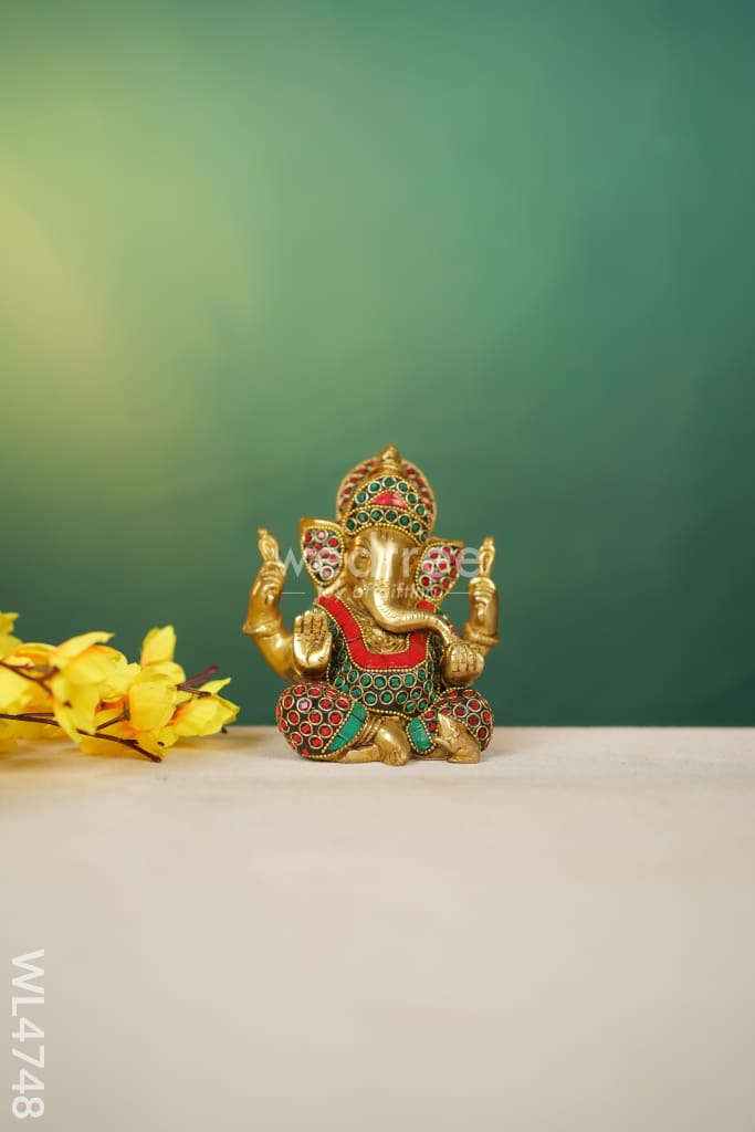 Brass Ganesha with Stonework - 5 inch - WL4748