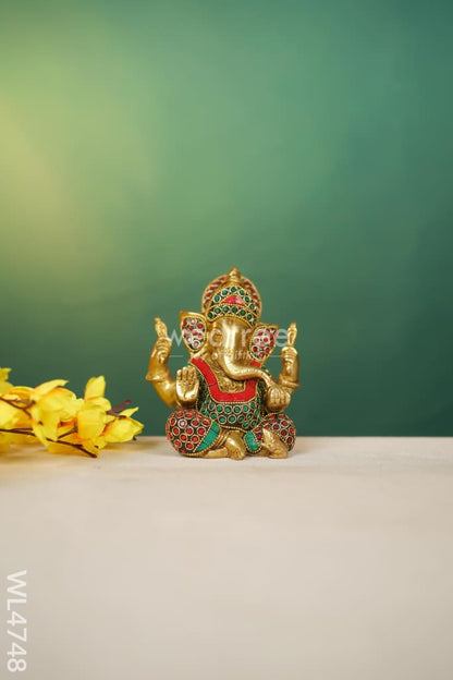 Brass Ganesha with Stonework - 5 inch - WL4748