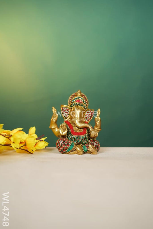 Brass Ganesha with Stonework - 5 inch - WL4748