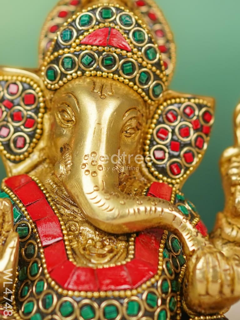Brass Ganesha with Stonework - 5 inch - WL4748