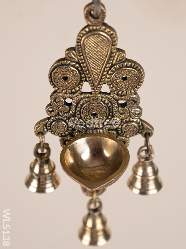 Brass Hanging Diya with 3 Bell - 9 inch - WL5138