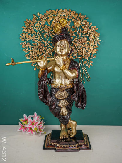 Brass Krishna Idol With Brass Kalpavriksha Tree - WL4312