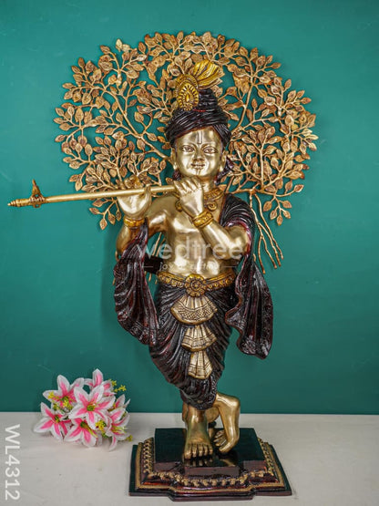 Brass Krishna Idol With Brass Kalpavriksha Tree - WL4312
