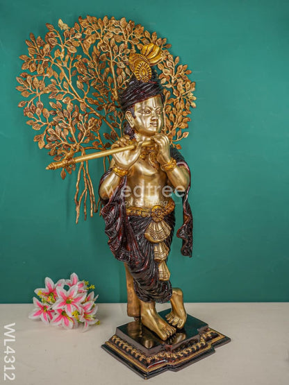 Brass Krishna Idol With Brass Kalpavriksha Tree - WL4312