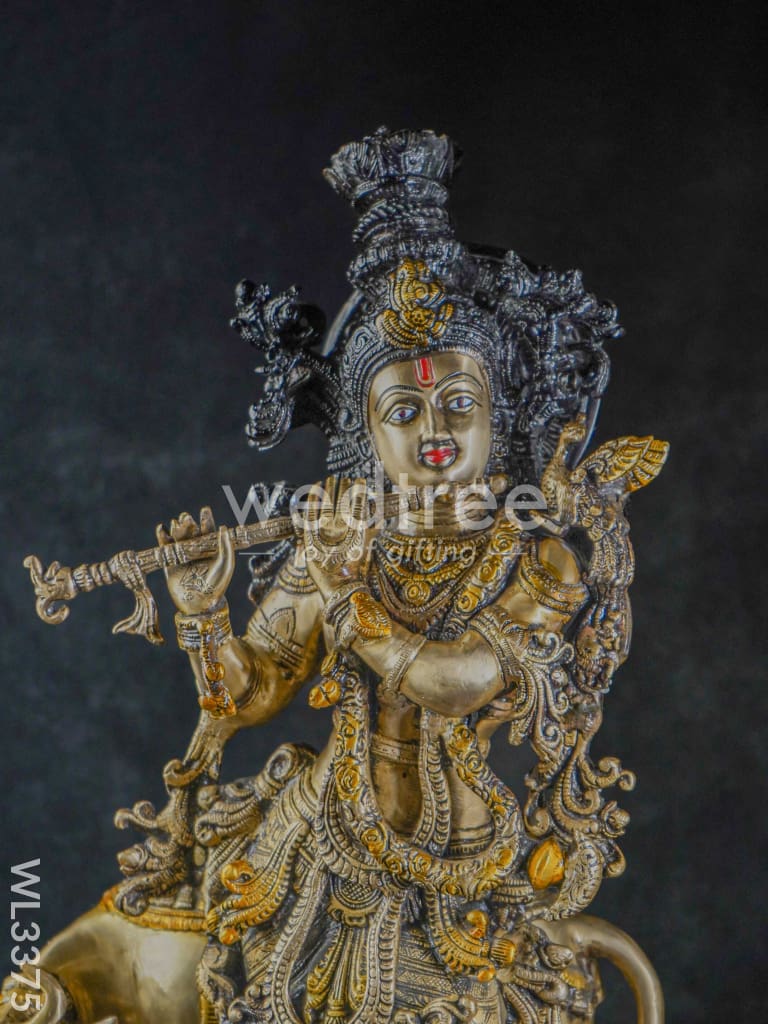 Brass Krishna with Cow - Black Antique Finish - WL3375