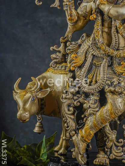 Brass Krishna with Cow - Black Antique Finish - WL3375
