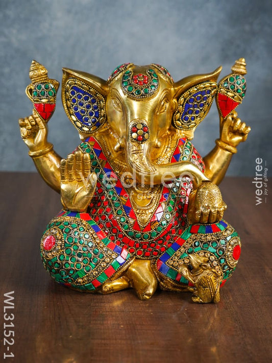 Brass Laddu Ganesha with Stone Work - WL3152