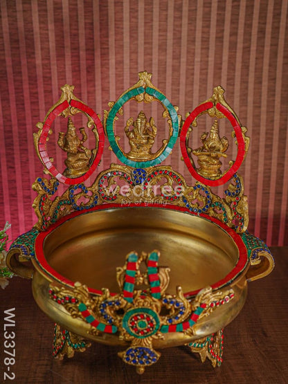 Brass Lakshmi-Ganesh-Saraswathi Urli with Stone Work - WL3378-2
