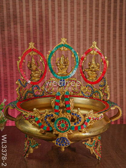 Brass Lakshmi-Ganesh-Saraswathi Urli with Stone Work - WL3378-2