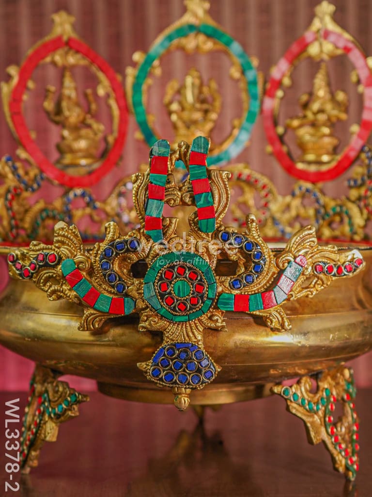 Brass Lakshmi-Ganesh-Saraswathi Urli with Stone Work - WL3378-2