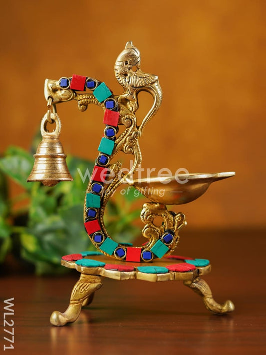 Brass Lotus Diya with Chowki & Stone Work - WL2771