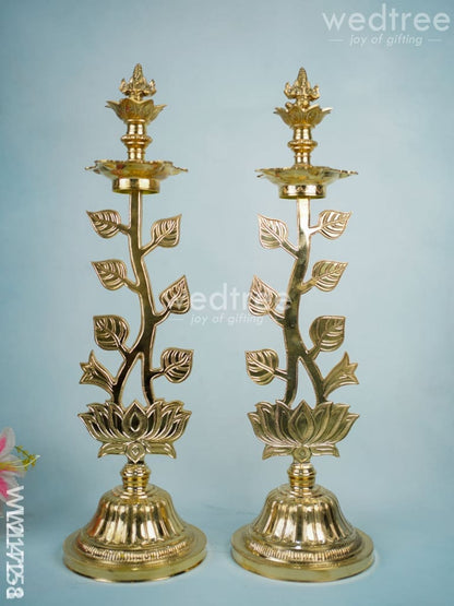 Brass Lotus Shape Kuthu Vilakku with Five Face Diya (Set of 2) - WL2172