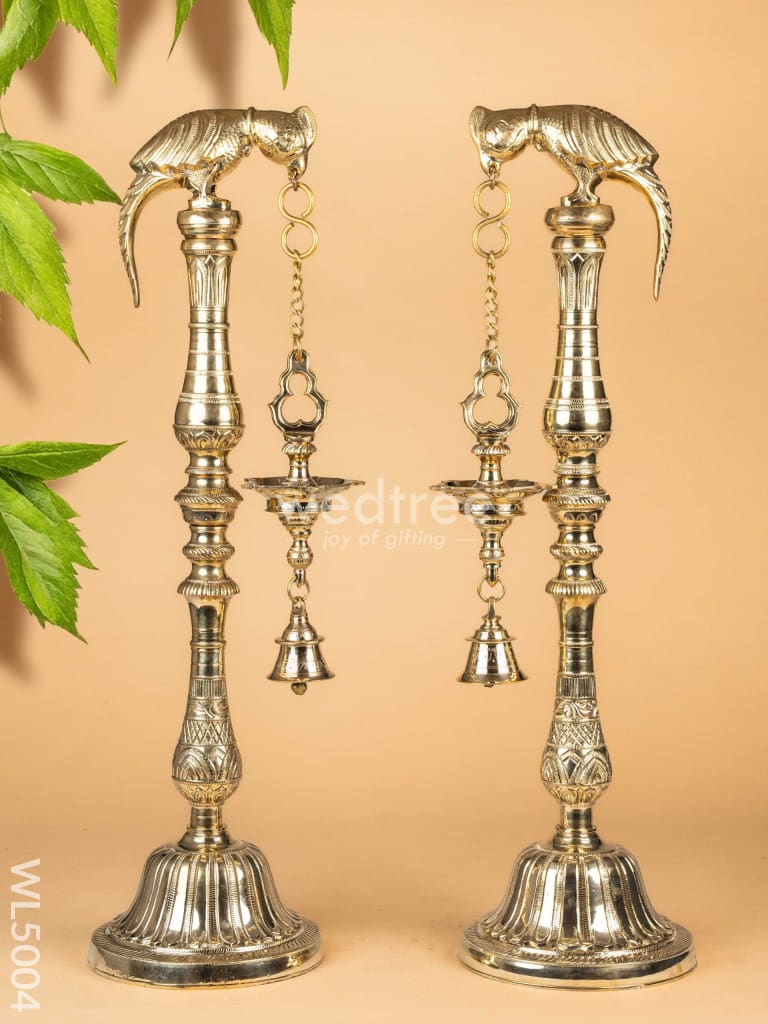 Brass Parrot 5 Face Hanging Diya with Bells - 30 inch - WL5004