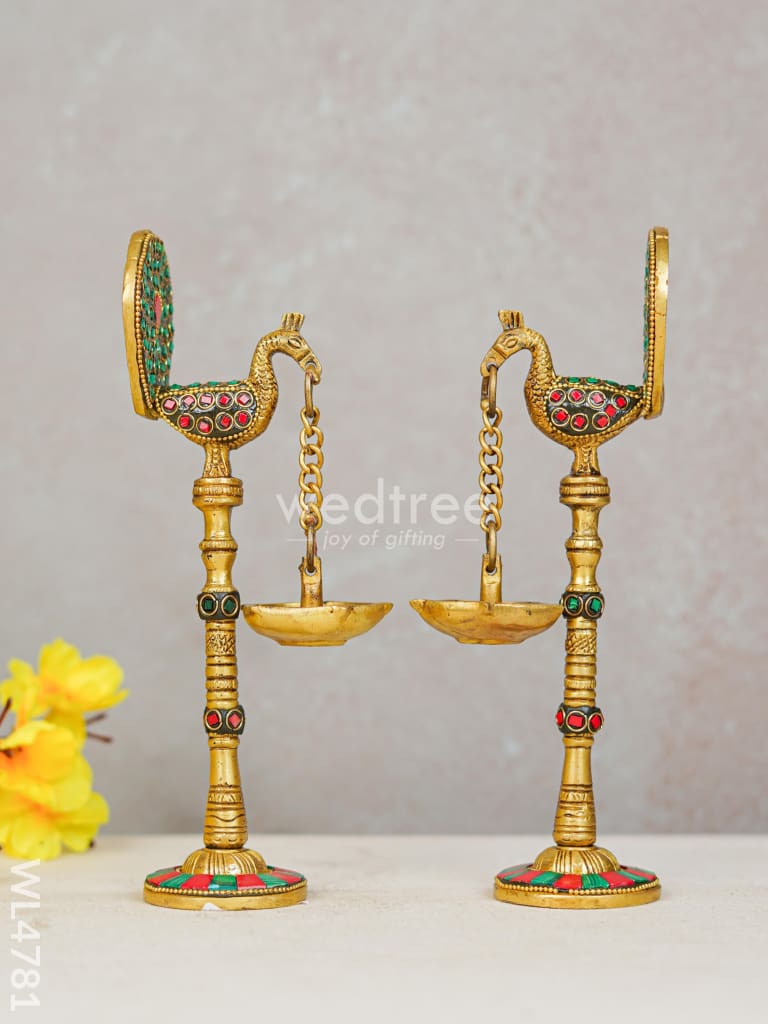 Brass Peacock Hanging Diya with Stone Work (Set of 2) - WL4781