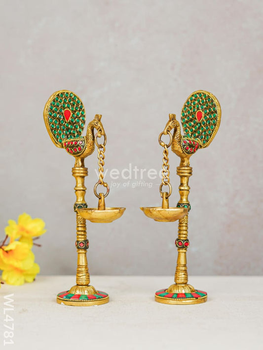 Brass Peacock Hanging Diya with Stone Work (Set of 2) - WL4781