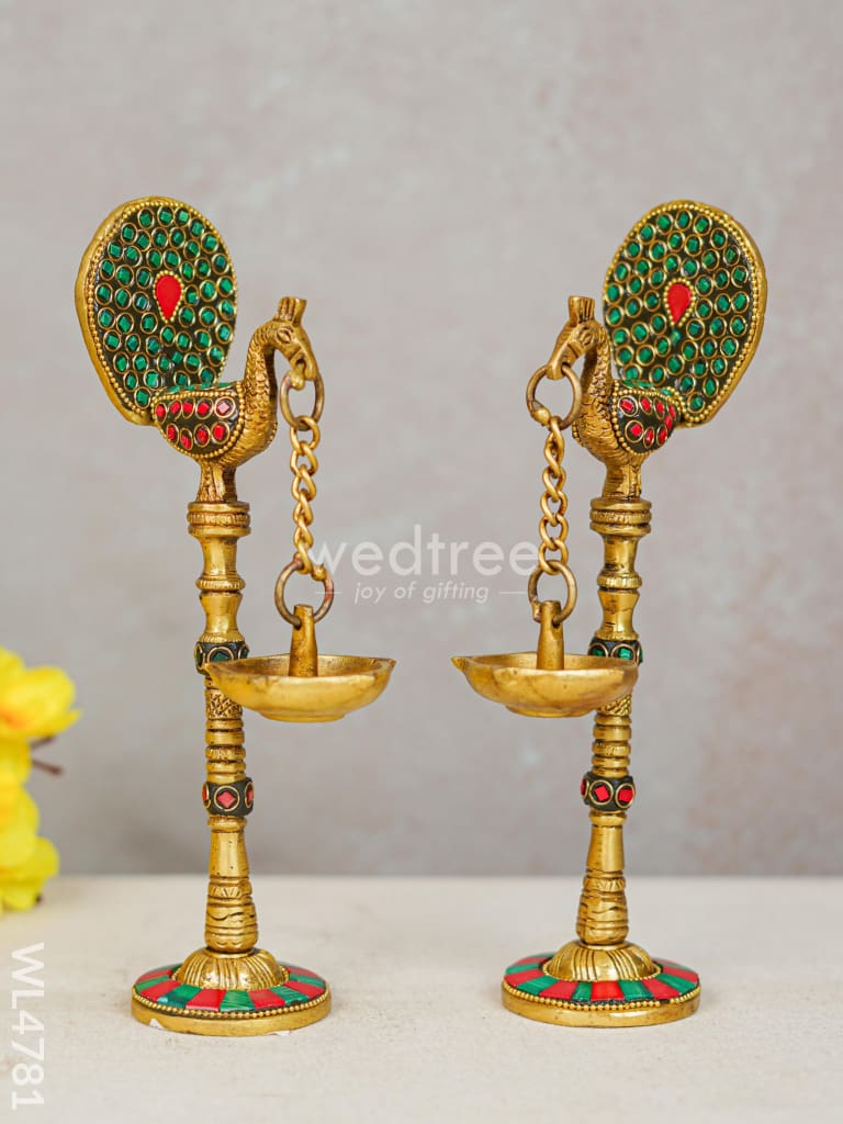Brass Peacock Hanging Diya with Stone Work (Set of 2) - WL4781