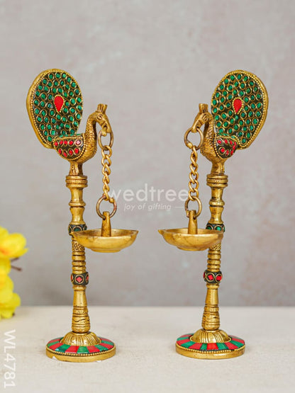 Brass Peacock Hanging Diya with Stone Work (Set of 2) - WL4781