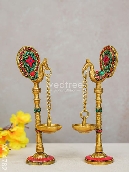Brass Peacock Hanging Diya with Stone Work (Set of 2) - WL4782