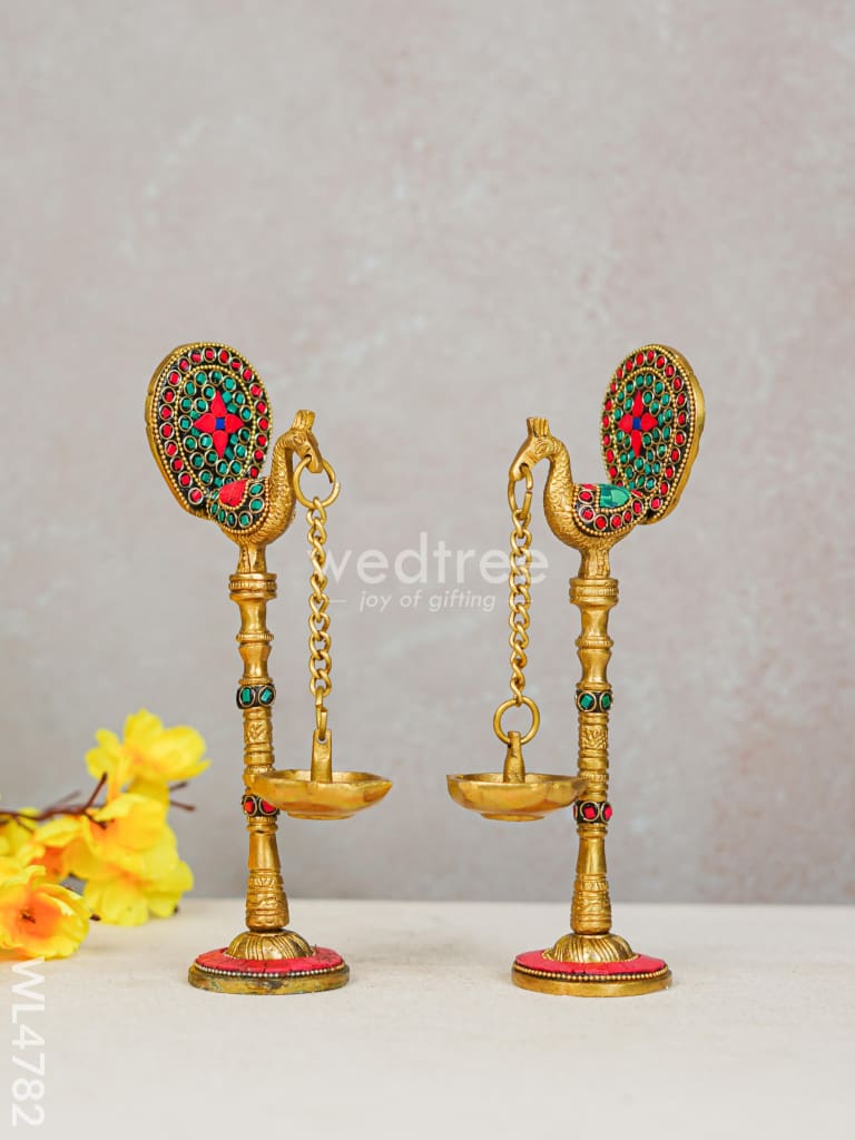 Brass Peacock Hanging Diya with Stone Work (Set of 2) - WL4782