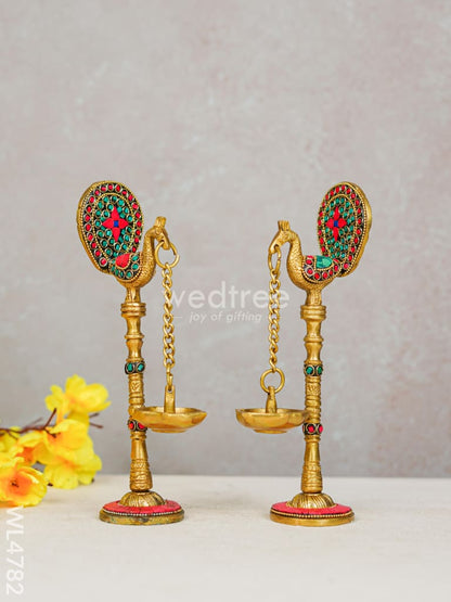 Brass Peacock Hanging Diya with Stone Work (Set of 2) - WL4782