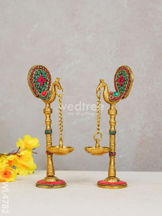 Brass Peacock Hanging Diya with Stone Work (Set of 2) - WL4782