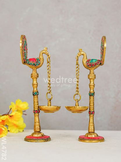 Brass Peacock Hanging Diya with Stone Work (Set of 2) - WL4782