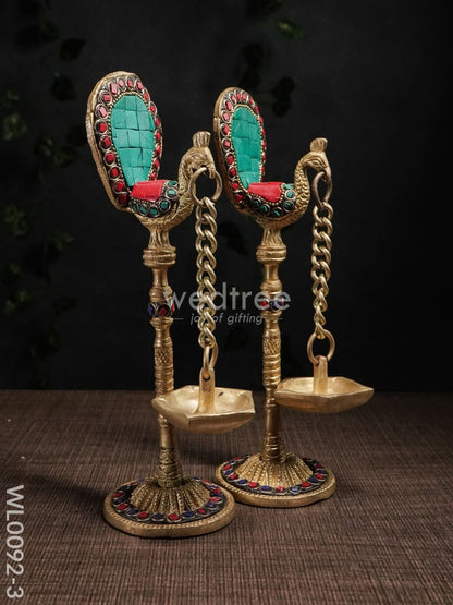 Brass Peacock Stand with Diya (Set of 2) - WL0092