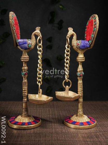 Brass Peacock Stand with Diya (Set of 2) - WL0092