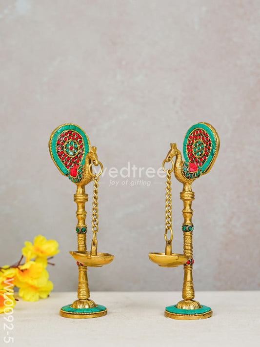 Brass Peacock Stand with Diya with Stone Work (Set of 2) - WL0092-5