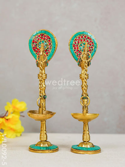 Brass Peacock Stand with Diya with Stone Work (Set of 2) - WL0092-5