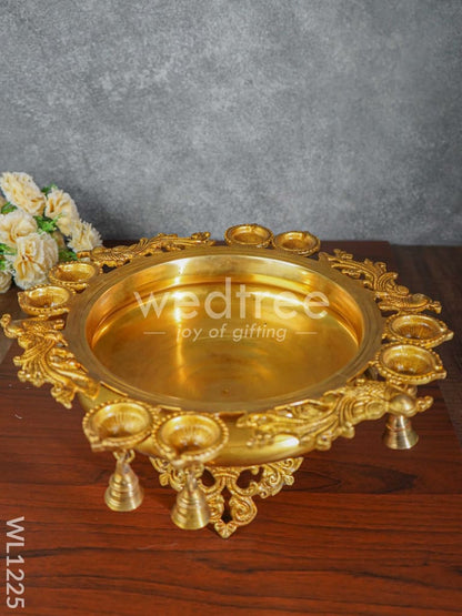 Brass Peacock Urli with Diya and Bells - WL1225