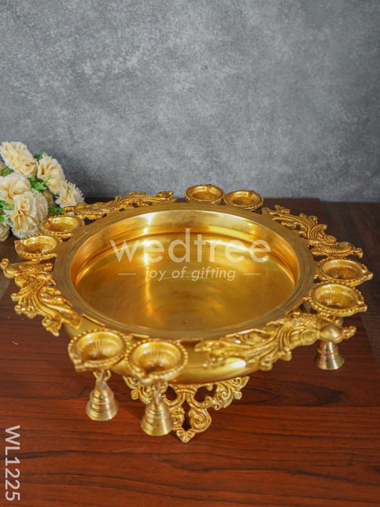 Brass Peacock Urli with Diya and Bells - WL1225