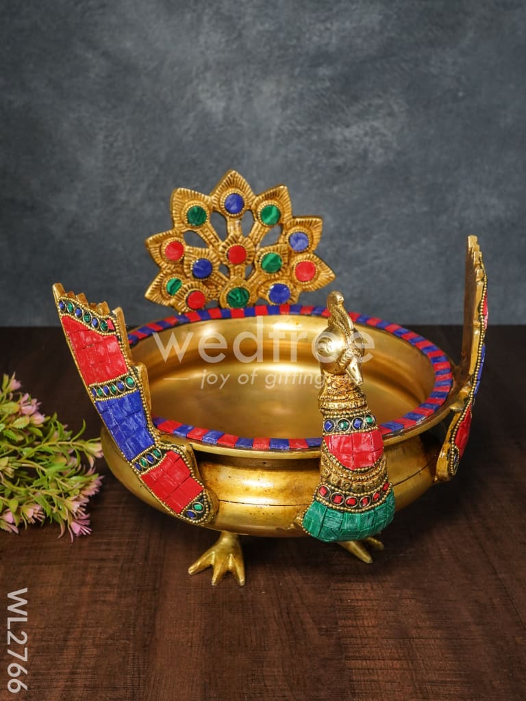 Brass Peacock Urli with Tile Work - WL2766
