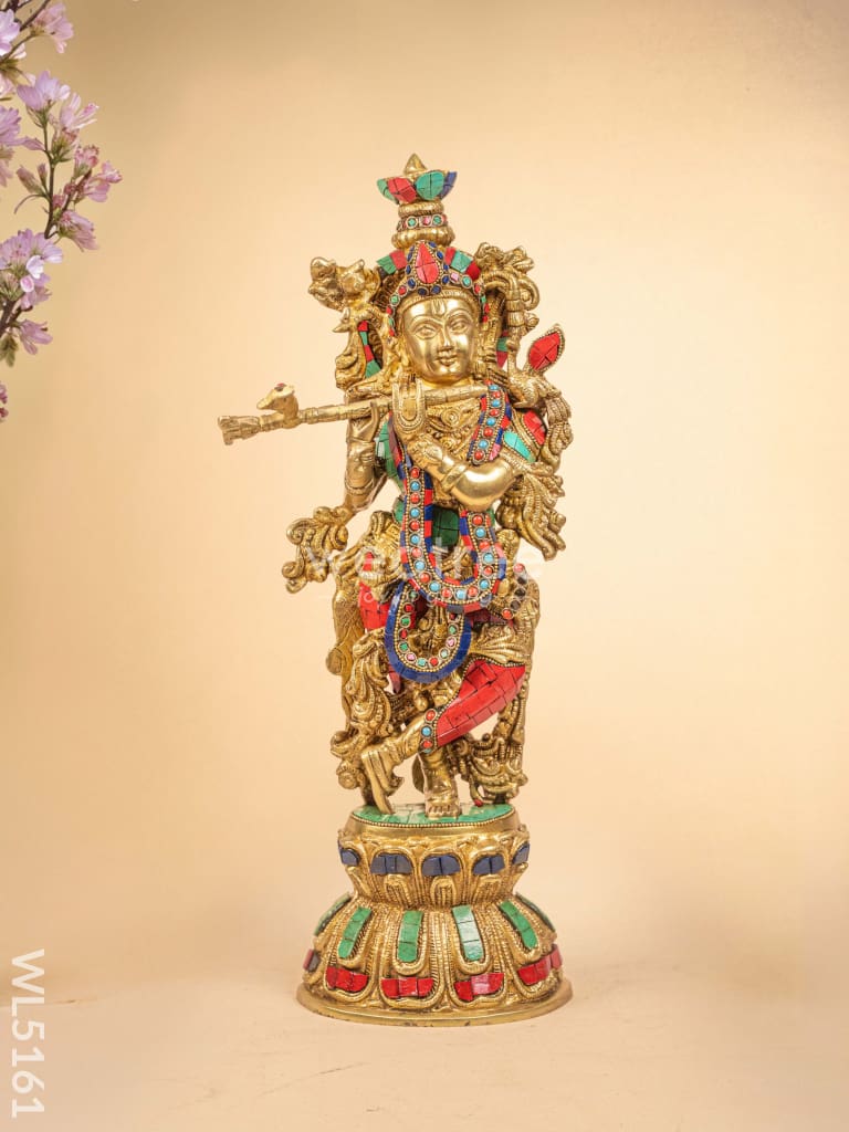 Brass Radha-Krishna Idol with Stone Work  - 18 inch - WL5161