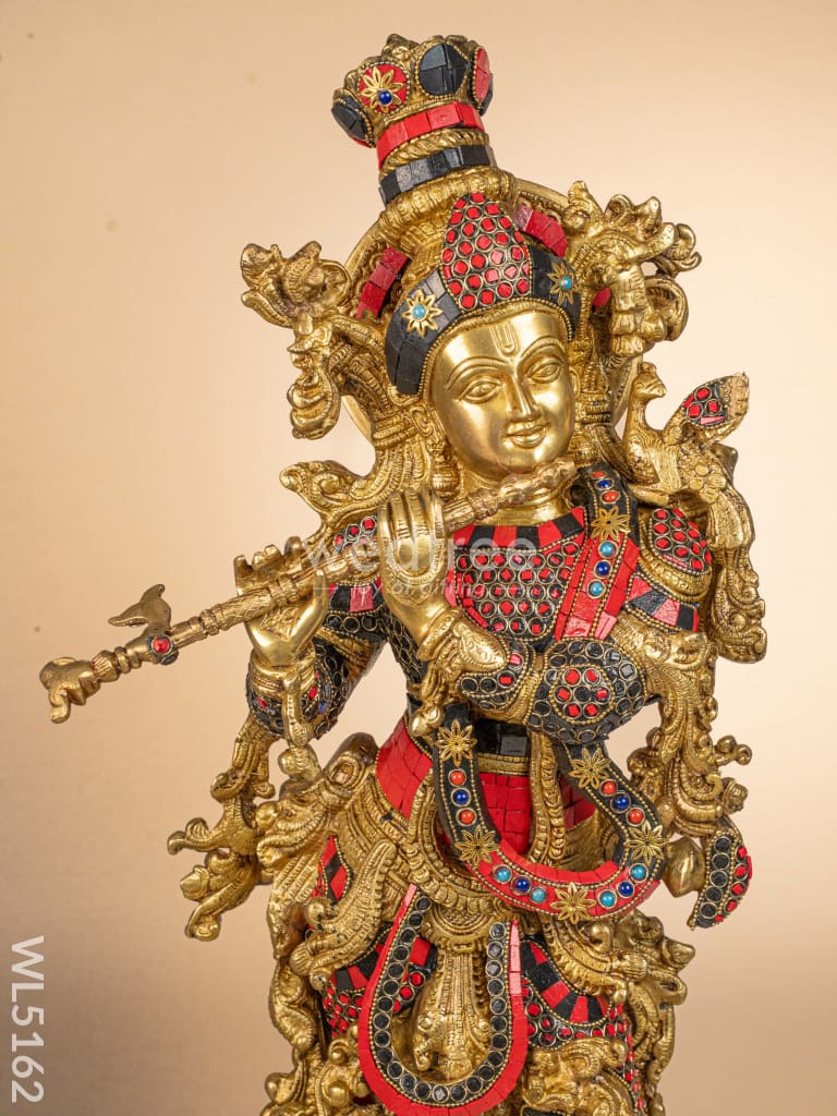 Brass Radha-Krishna Idol with Stone Work  - 27 inch - WL5162