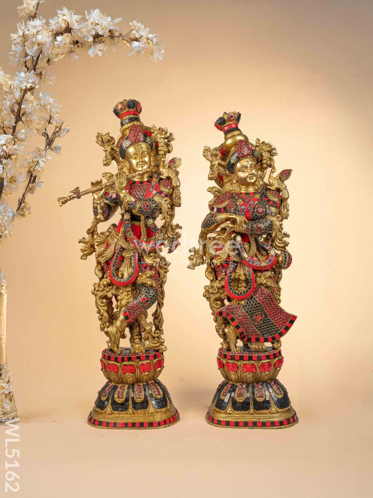 Brass Radha-Krishna Idol with Stone Work  - 27 inch - WL5162