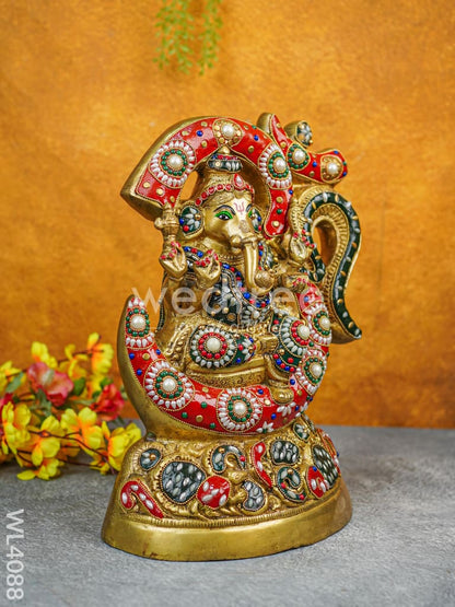 Brass Seated Ganesha Idol with Multicolour Stone Work - WL4088