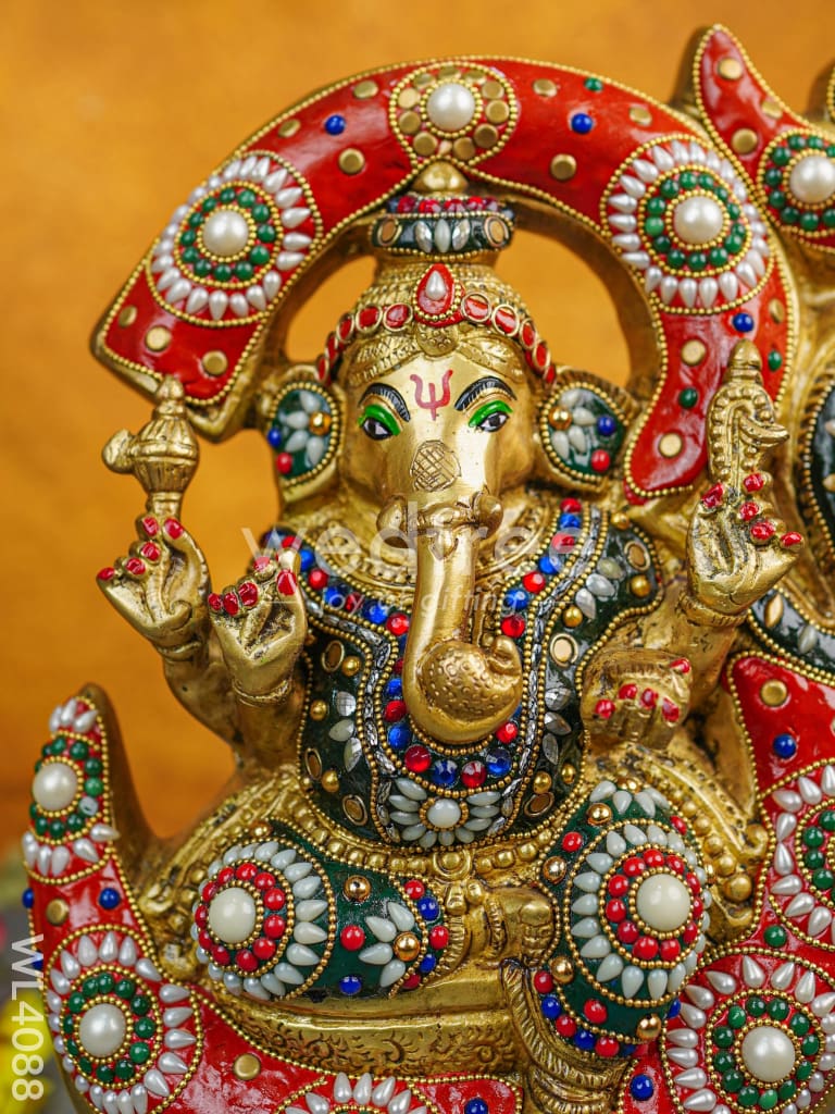 Brass Seated Ganesha Idol with Multicolour Stone Work - WL4088