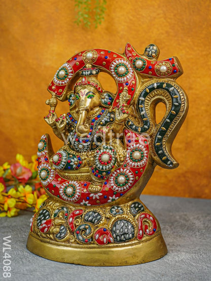 Brass Seated Ganesha Idol with Multicolour Stone Work - WL4088