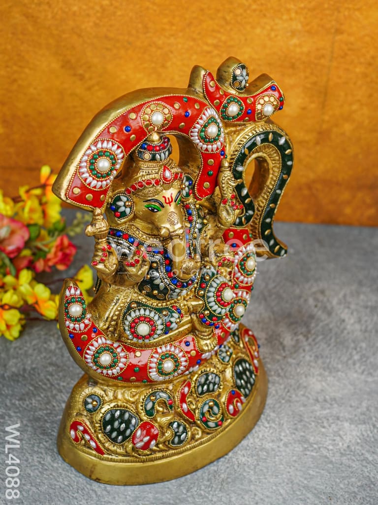 Brass Seated Ganesha Idol with Multicolour Stone Work - WL4088