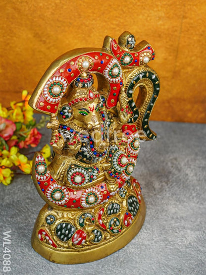 Brass Seated Ganesha Idol with Multicolour Stone Work - WL4088
